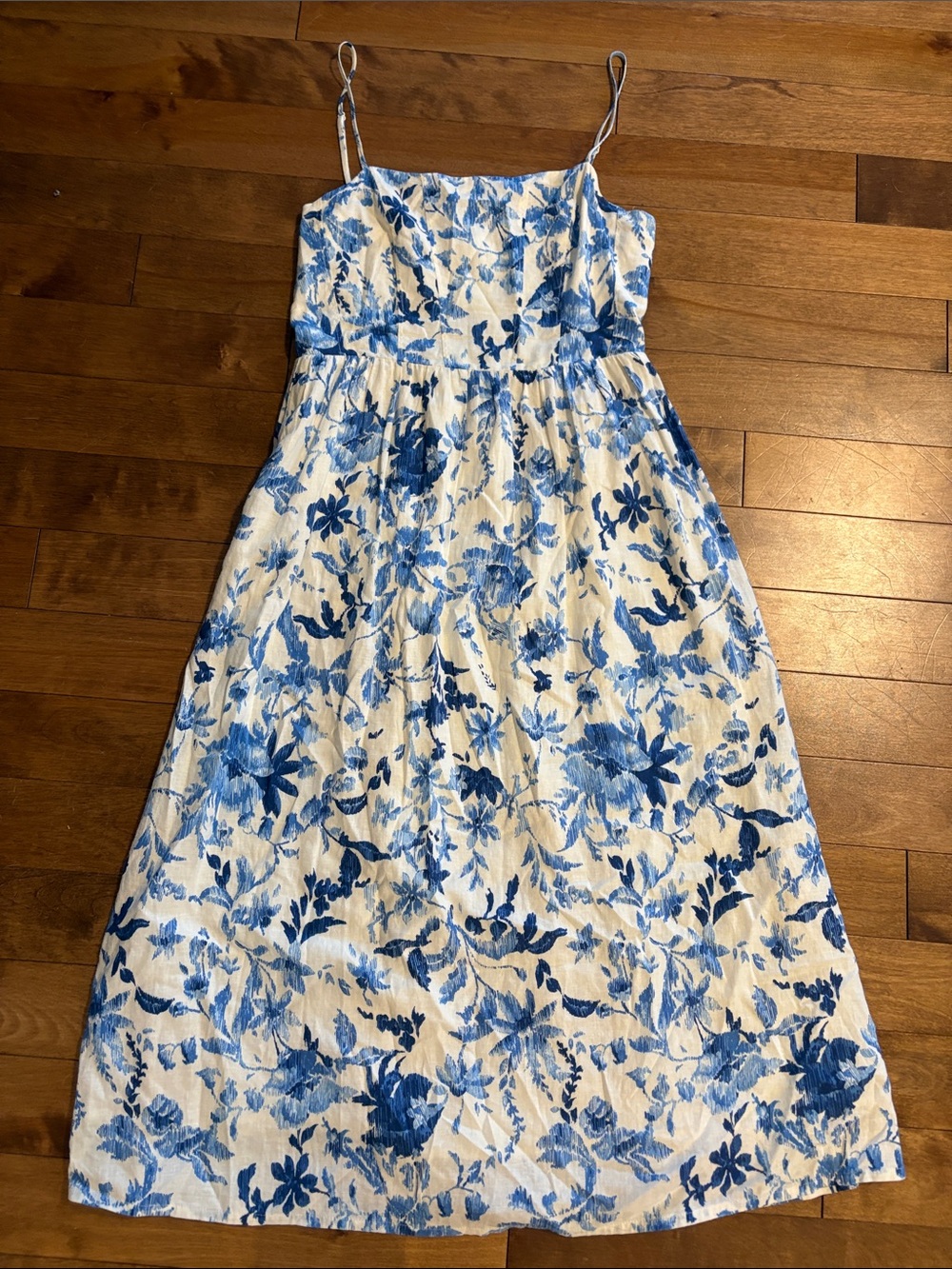 Linen Blue Floral Sundress - Spaghetti Strap